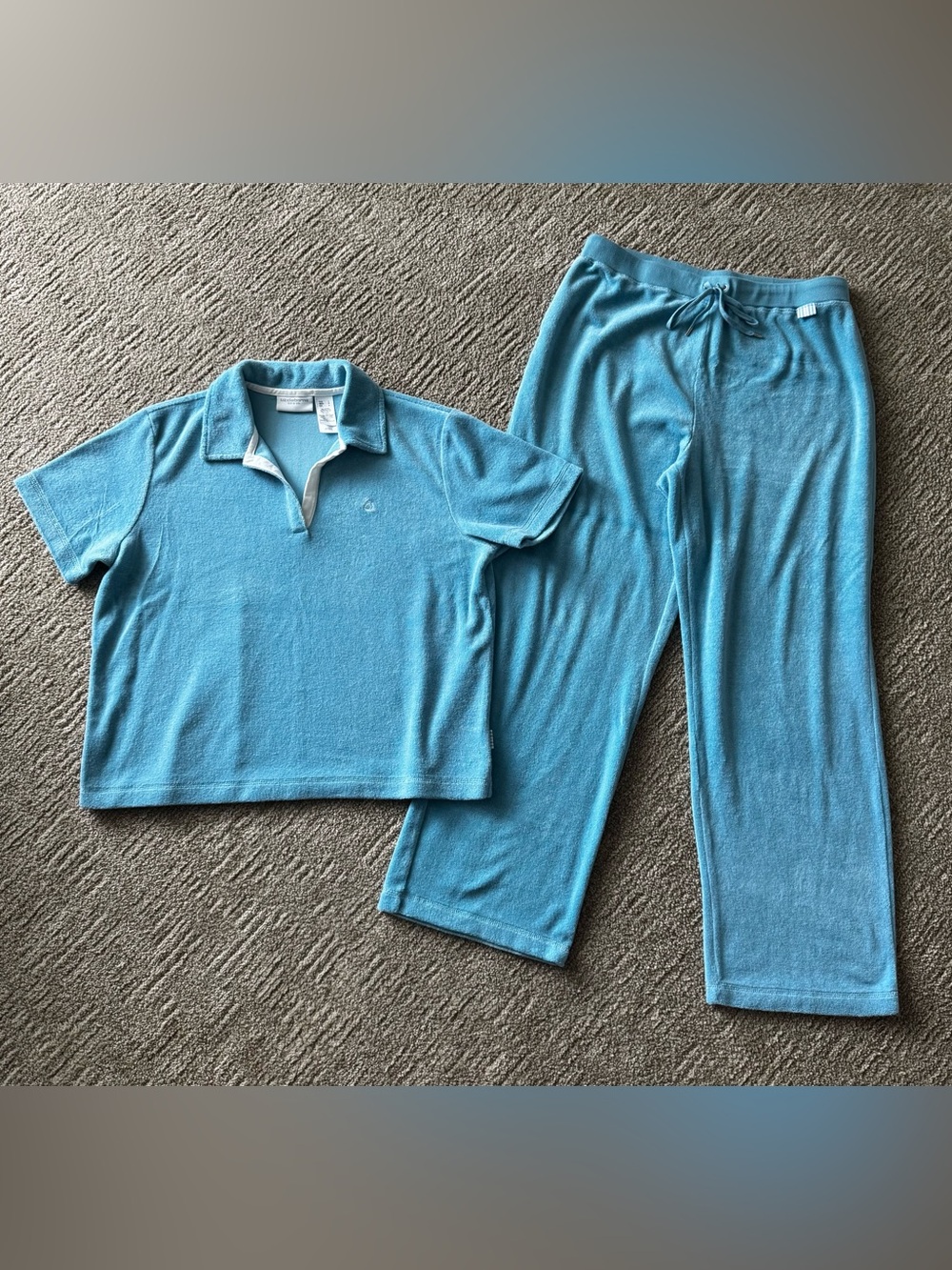 VTG terry cloth two-piece lounge set L light blue polo shirt wide leg pants Y2K